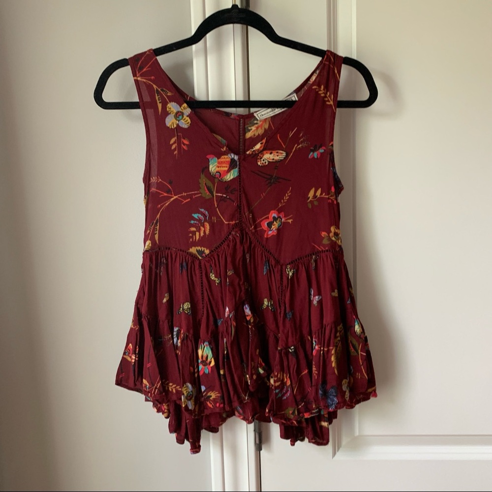 Red floral tank top.